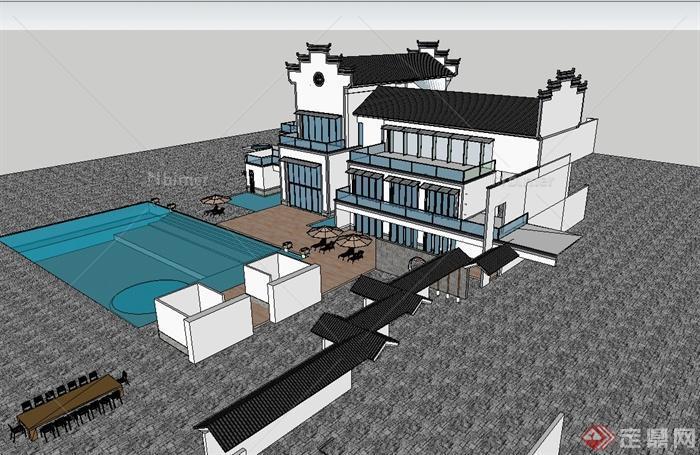 精美的徽派别墅建筑楼设计su模型[原创]