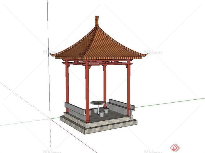 古典中式四角亭子设计su模型（含石桌凳）