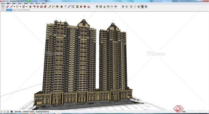 某现代三拼高层住宅建筑设计su模型