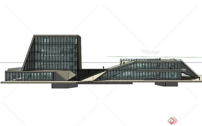 多层现代玻璃图书馆建筑SU模型
