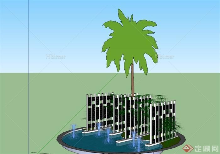 某圆型带景墙喷泉水池SU模型