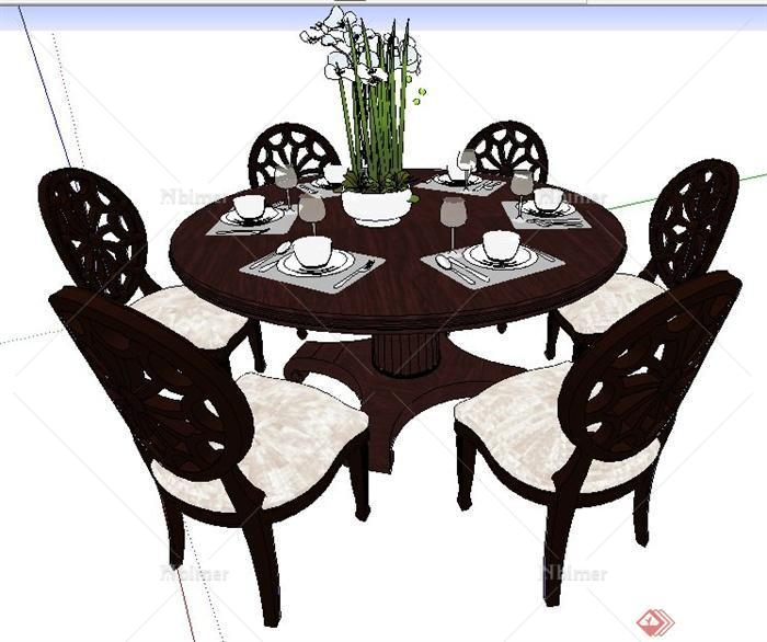 中式风格六人座圆形餐桌椅su模型