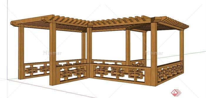 简约新中式转折木廊架设计su模型