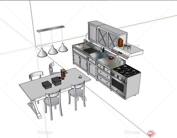 精致详细厨房橱柜、餐桌椅设计su模型[原创]
