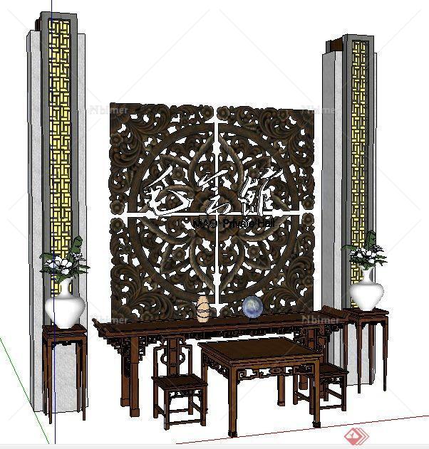 中式风格供桌与镂花墙饰设计su模型