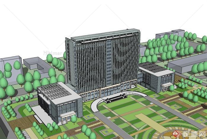 现代风格新城服务中心办公楼建筑设计su模型[原创