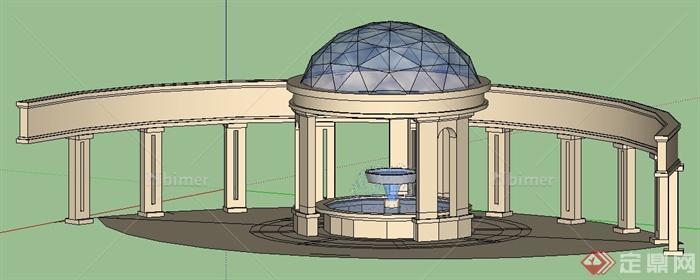 欧式风格喷泉圆顶亭及弧形廊su模型