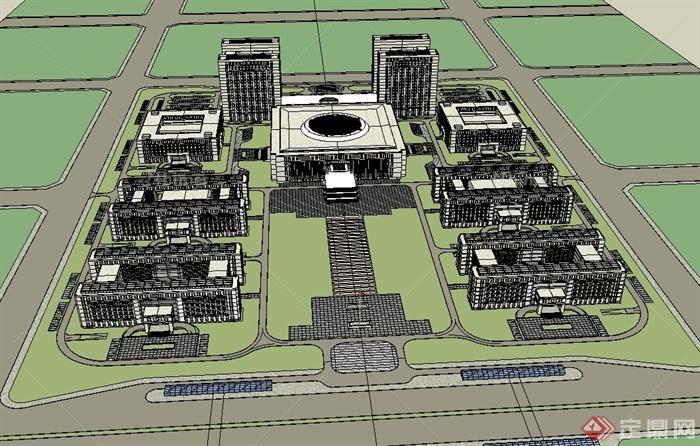 某现代风格政府行政中心建筑楼群设计su模型[原创