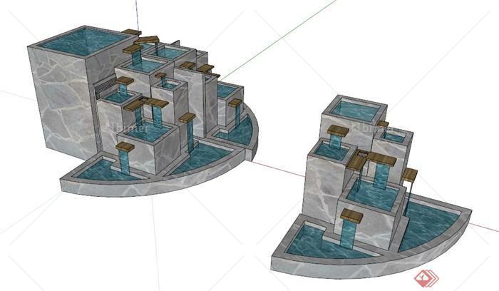现代风格两款叠水池设计su模型