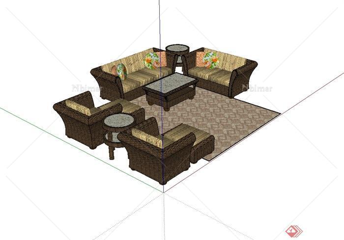 某现代风格详细精致沙发茶几组合设计SU模型[原创