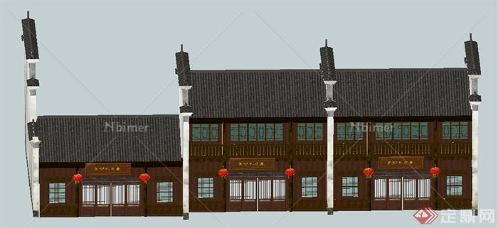 中式风格二层沿街商铺建筑设计su模型