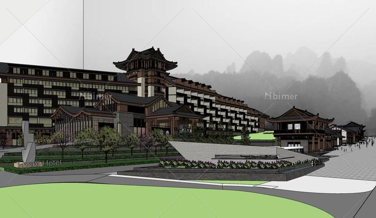现代中式汉唐风格古朴商业街建筑sketchup模型(1