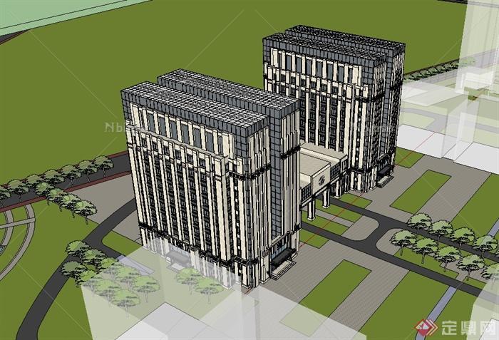 新古典风格详细小高层办公楼建筑设计su模型[原创