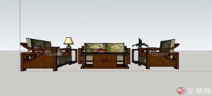 现代中式五人沙发茶几组合SU模型