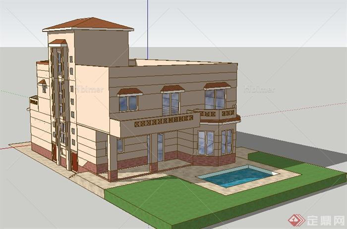 某现代风格小型双层别墅住宅建筑设计SU模型