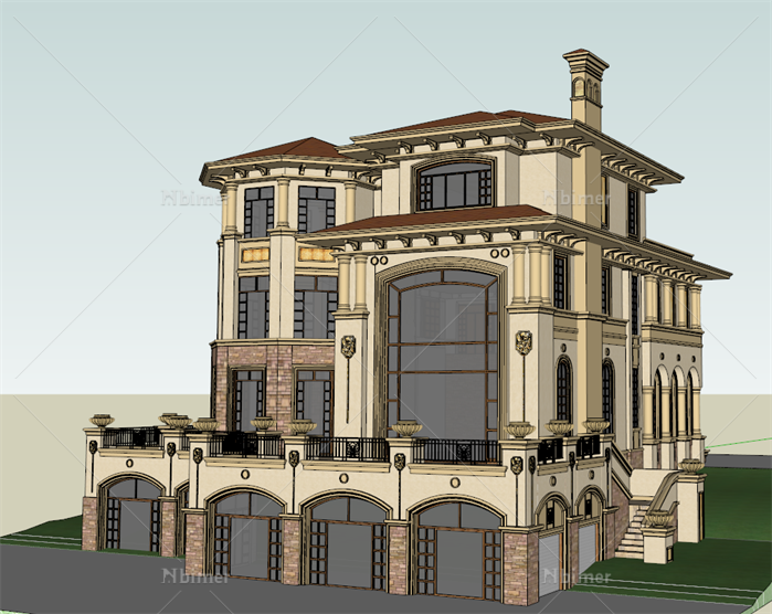 某西班牙风格山地小别墅建筑方案设计SU模型[原创