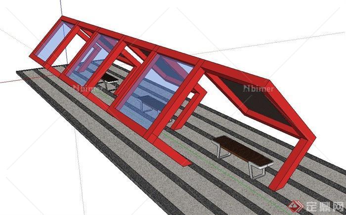 现代正方体形坡屋顶廊架设计SU模型