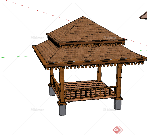 某东南亚木质四角亭模型设计SU