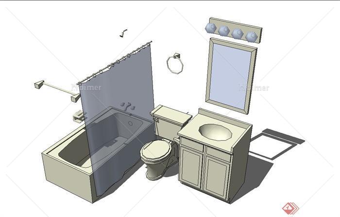 现代风格卫生间浴室、马桶、洗漱柜、洗脸盆SU模
