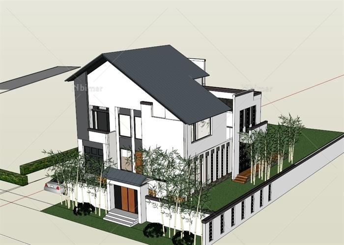 某现代中式独栋别墅住宅设计建筑设计SU模型[原创
