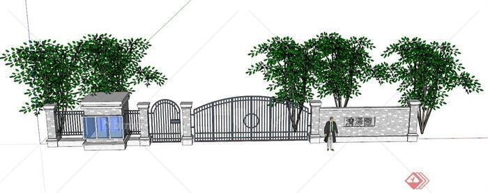 新中式大门围墙设计SU模型