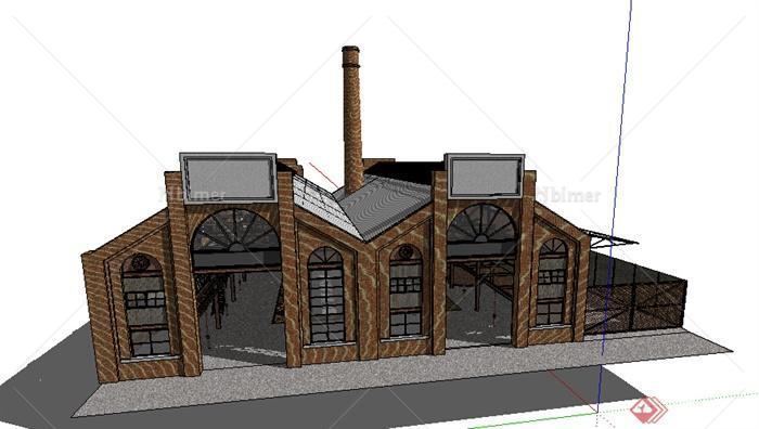 现代单层联排厂房建筑带烟囱设计su模型