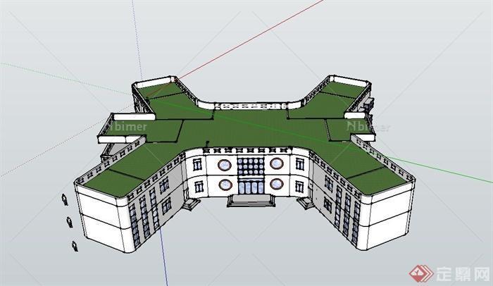 现代米字型两层幼儿园建筑设计SU模型