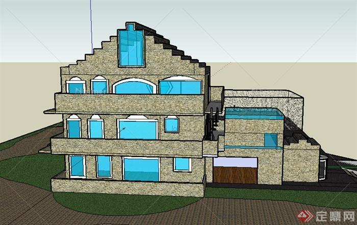 某室外3层别墅建筑设计SU模型