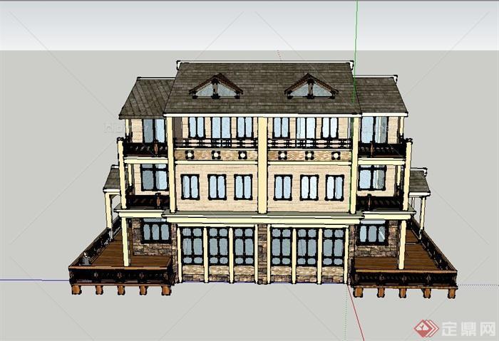 某三层别墅建筑设计SU模型与CAD方案图[原创]