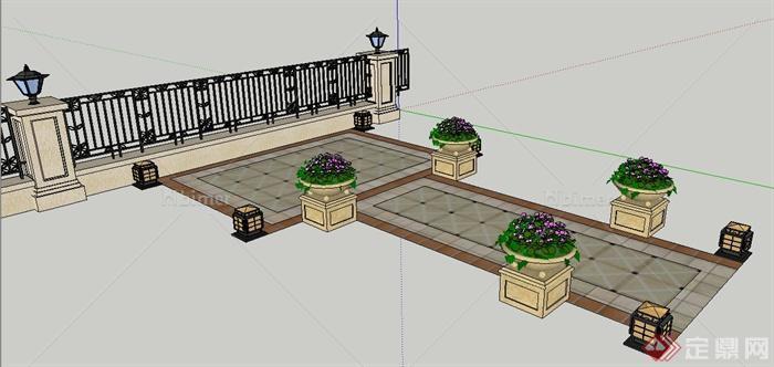 欧式风格铁艺大门、围墙及花钵su模型