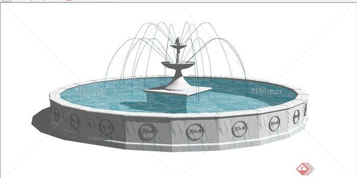某精致现代中式风格圆形喷泉水池设计SU模型[原创