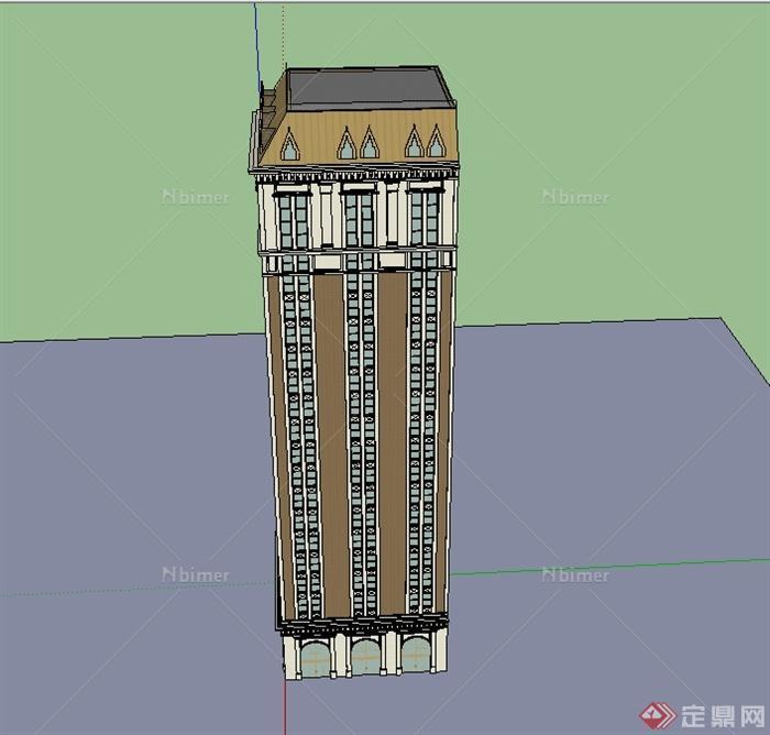 欧式风格详细高层住宅公寓楼建筑设计su模型[原创