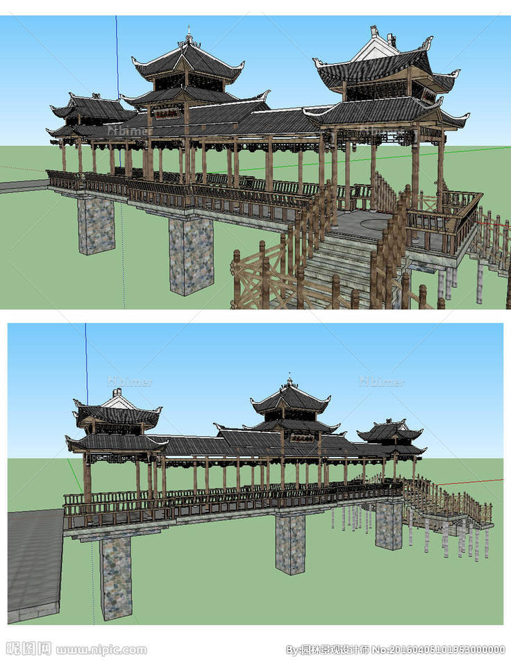 风雨桥建筑景观草图大师SU模型图片