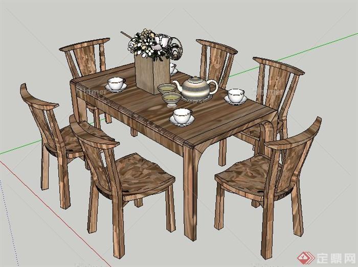 室内木质六人桌椅设计SU模型