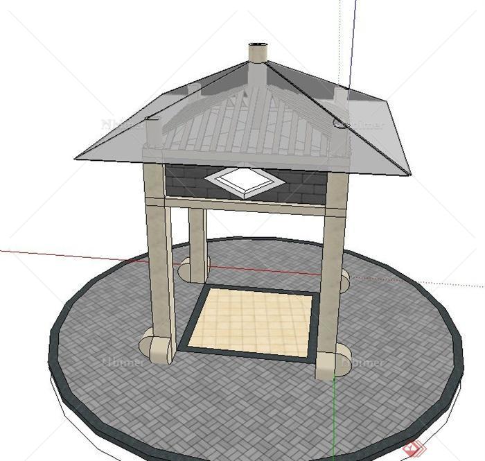 古典中式四角玻璃亭子设计su模型
