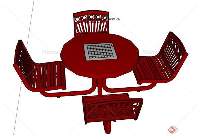 现代简约四人座红色桌椅su模型