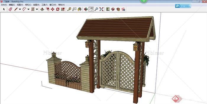 中式风格花园门及围墙组合su模型