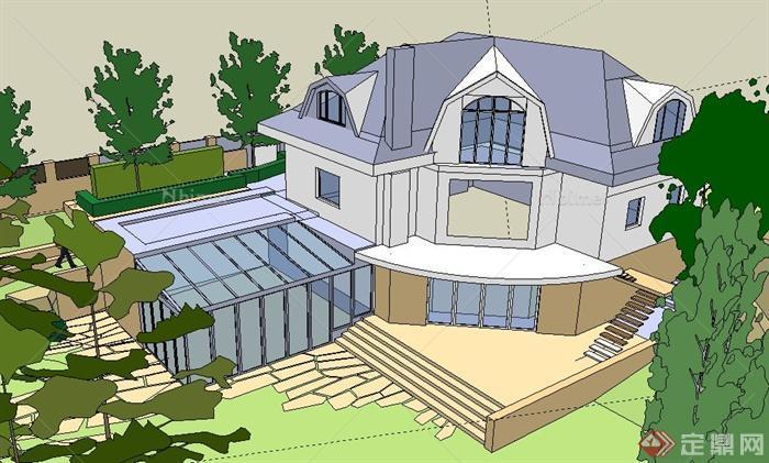 某现代私人别墅住宅建筑设计SU模型（带庭院景观