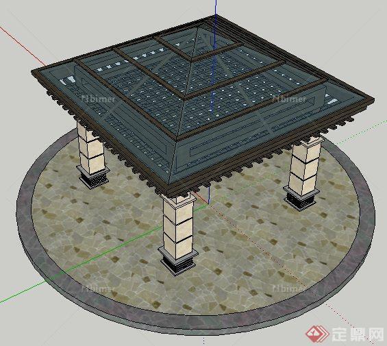 简约中式木制玻璃四角亭su模型