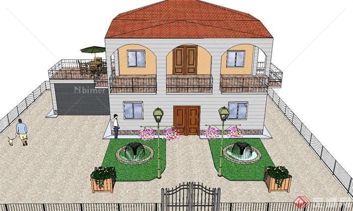 某两层住宅建筑庭院景观规划设计SU模型[原创]