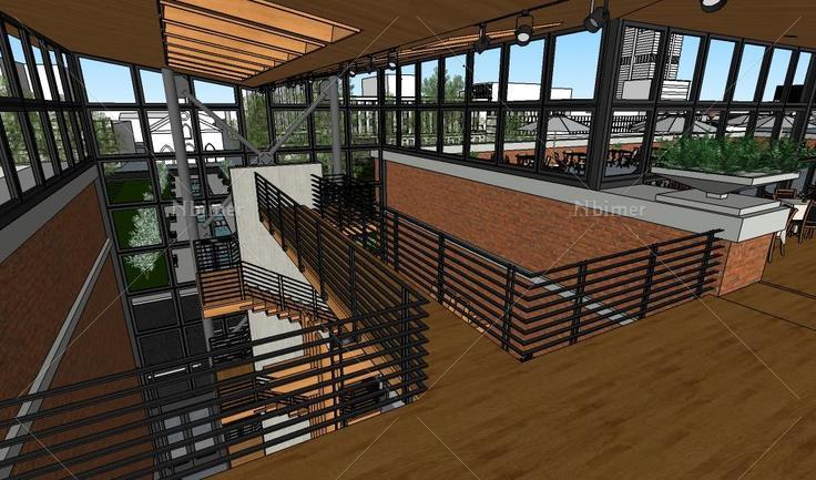 现代红砖综合楼 办公、餐饮建筑室内外精细模型(