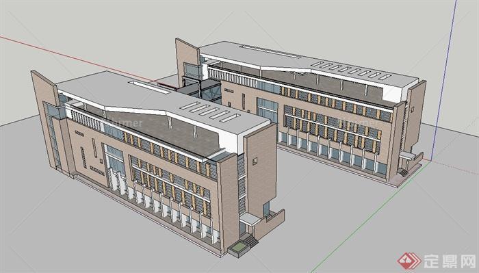 现代两栋四层教学楼建筑设计SU模型