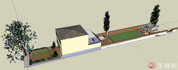 某现代独栋公园住宅庭院景观设计SU模型