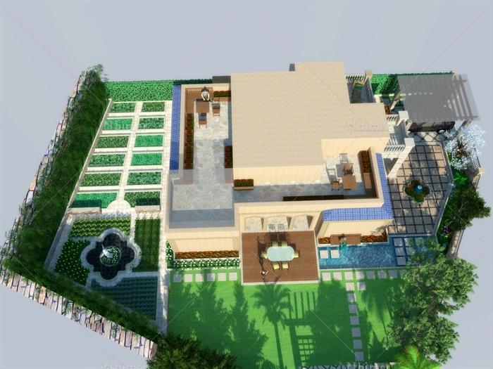 欧式独栋别墅庭院设计su模型含效果图