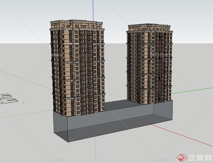 两栋新古典风格住宅高层楼建筑SU模型[原创]