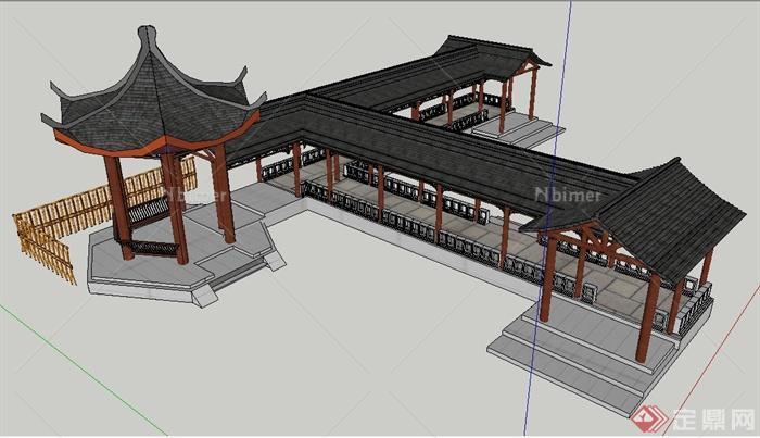 中式风格长廊凉亭组合su模型