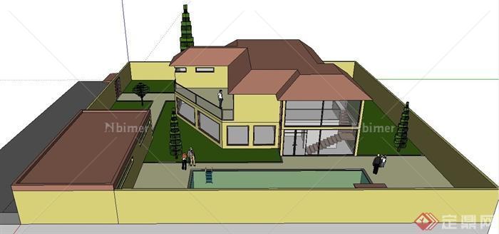 现代风格二层小别墅及庭院设计su模型
