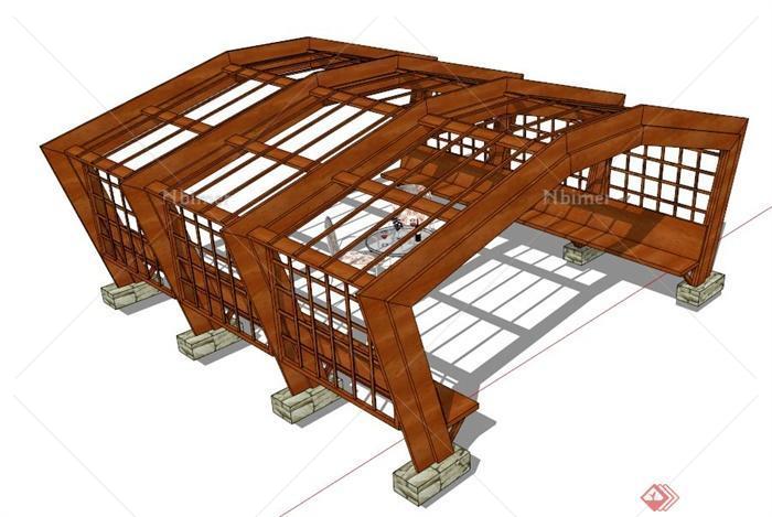 木制多边形廊架花架设计su模型
