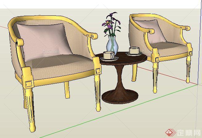 欧式风格单人沙发椅及边几su模型