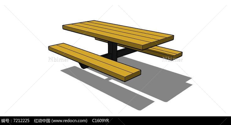 户外原木色木质铁质连体桌椅组合su模型